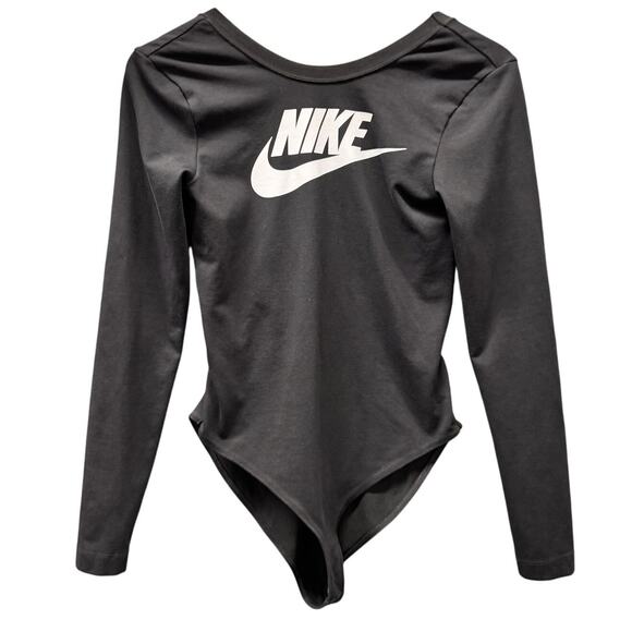 Nike Bodysuit Womens Small Black Long Sleeve Scoop Back Logo Front - Picture 1 of 7